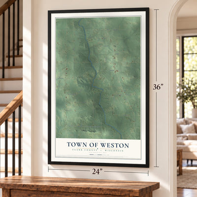 Town of Weston, Clark County, Wisconsin map, 24 x 36 inch print in a black frame by a staircase