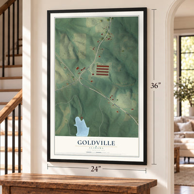 Goldville, Alabama map, 24 x 36 inch print in a black frame by a staircase