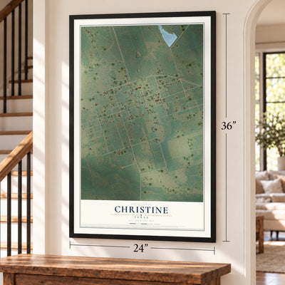 Christine, Texas map, 24 x 36 inch print in a black frame by a staircase
