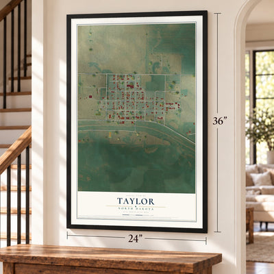 Taylor, North Dakota map, 24 x 36 inch print in a black frame by a staircase