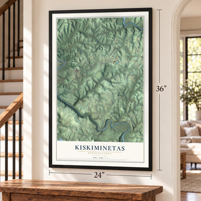 Kiskiminetas, Pennsylvania map, 24 x 36 inch print in a black frame by a staircase