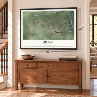 Cheraw, South Carolina map, 24 x 36 inch print in a black frame above a dresser by a staircase