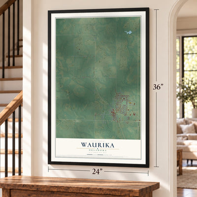 Waurika, Oklahoma map, 24 x 36 inch print in a black frame by a staircase