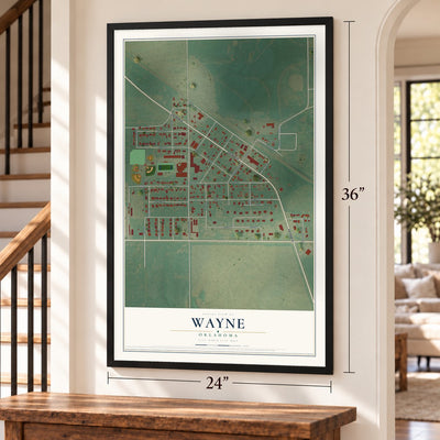 Wayne, Oklahoma map, 24 x 36 inch print in a black frame by a staircase