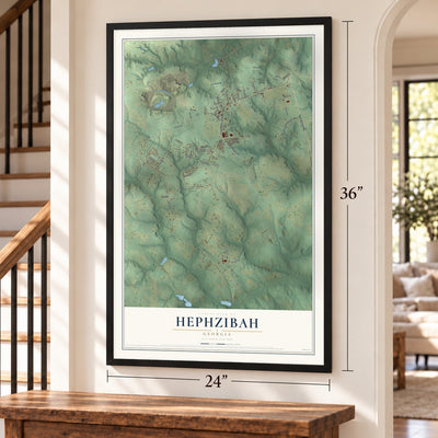 Hephzibah, Georgia map, 24 x 36 inch print in a black frame by a staircase