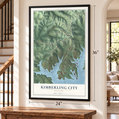 Kimberling City, Missouri map, 24 x 36 inch print in a black frame by a staircase