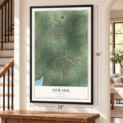 Newark, Texas map, 24 x 36 inch print in a black frame by a staircase