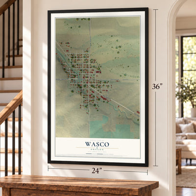 Wasco, Oregon map, 24 x 36 inch print in a black frame by a staircase