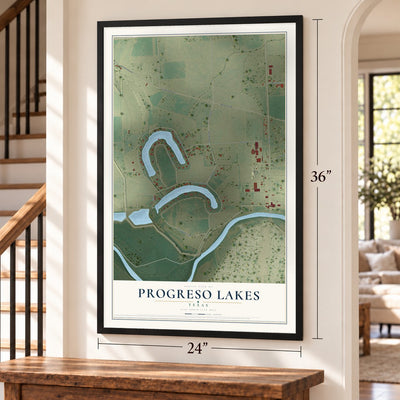 Progreso Lakes, Texas map, 24 x 36 inch print in a black frame by a staircase