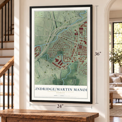 Lindridge-Martin Manor, Georgia map, 24 x 36 inch print in a black frame by a staircase