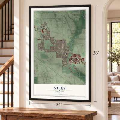 Niles, Illinois map, 24 x 36 inch print in a black frame by a staircase