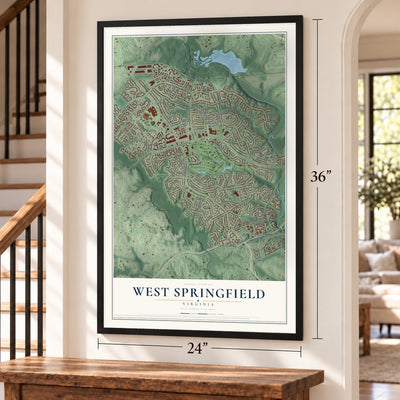 West Springfield, Virginia map, 24 x 36 inch print in a black frame by a staircase