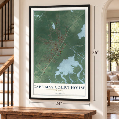 Cape May Court House, New Jersey map, 24 x 36 inch print in a black frame by a staircase