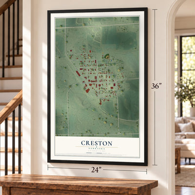 Creston, Nebraska map, 24 x 36 inch print in a black frame by a staircase