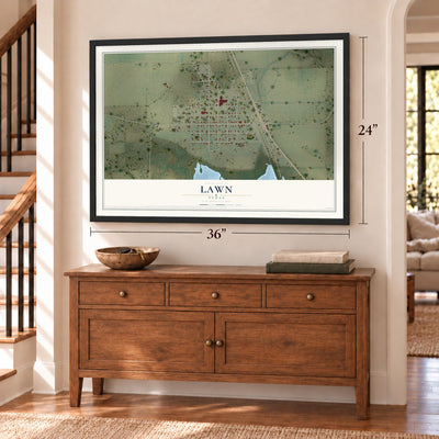 Lawn, Texas map, 24 x 36 inch print in a black frame above a dresser by a staircase