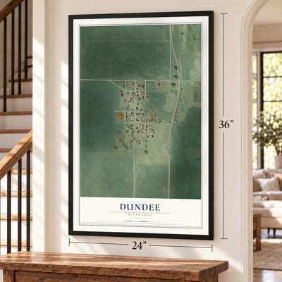 Dundee, Minnesota map, 24 x 36 inch print in a black frame by a staircase