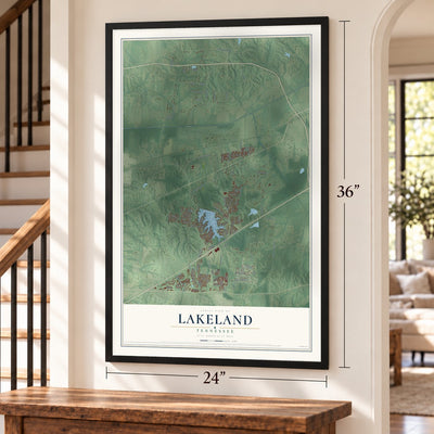 Lakeland, Tennessee map, 24 x 36 inch print in a black frame by a staircase