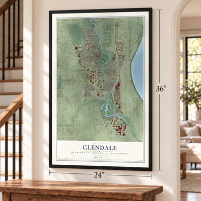 Glendale, Milwaukee County, Wisconsin map, 24 x 36 inch print in a black frame by a staircase