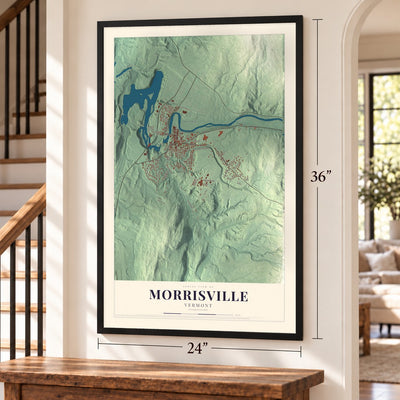 Morrisville, Vermont map, 24 x 36 inch print in a black frame by a staircase