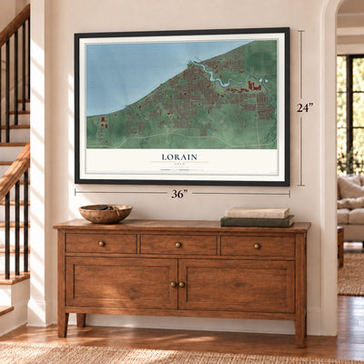 Lorain, Ohio map, 24 x 36 inch print in a black frame above a dresser by a staircase