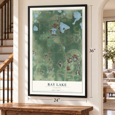 Bay Lake, Florida map, 24 x 36 inch print in a black frame by a staircase