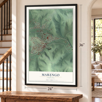 Marengo, Indiana map, 24 x 36 inch print in a black frame by a staircase