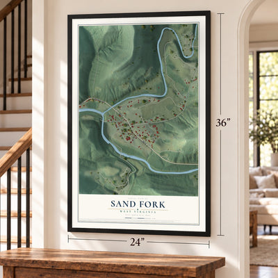 Sand Fork, West Virginia map, 24 x 36 inch print in a black frame by a staircase