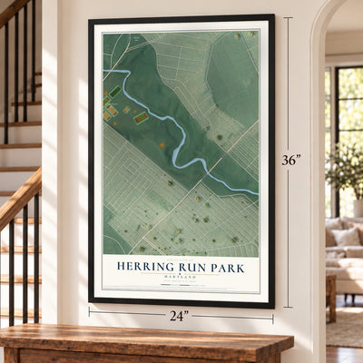 Herring Run Park, Maryland map, 24 x 36 inch print in a black frame by a staircase