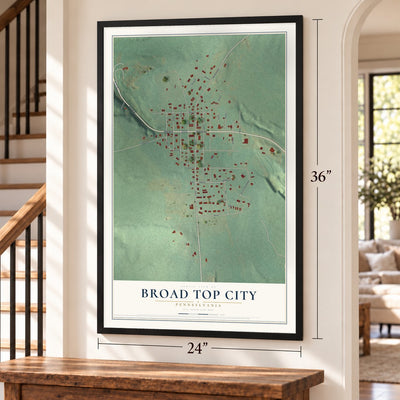 Broad Top City, Pennsylvania map, 24 x 36 inch print in a black frame by a staircase