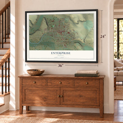 Enterprise, Oregon map, 24 x 36 inch print in a black frame above a dresser by a staircase