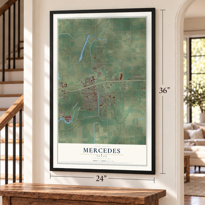 Mercedes, Texas map, 24 x 36 inch print in a black frame by a staircase