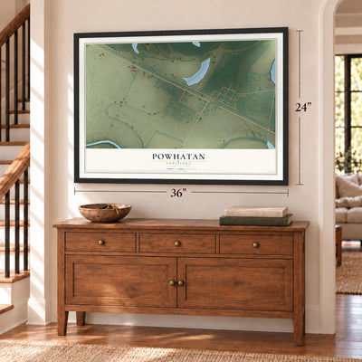 Powhatan, Louisiana map, 24 x 36 inch print in a black frame above a dresser by a staircase
