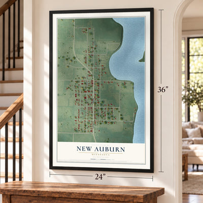 New Auburn, Minnesota map, 24 x 36 inch print in a black frame by a staircase