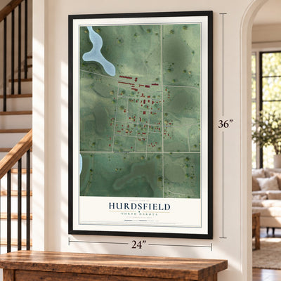 Hurdsfield, North Dakota map, 24 x 36 inch print in a black frame by a staircase