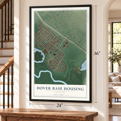 Dover Base Housing, Delaware map, 24 x 36 inch print in a black frame by a staircase