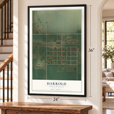 Harrold, South Dakota map, 24 x 36 inch print in a black frame by a staircase