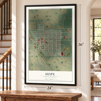 Hope, North Dakota map, 24 x 36 inch print in a black frame by a staircase