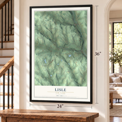 Lisle, New York map, 24 x 36 inch print in a black frame by a staircase