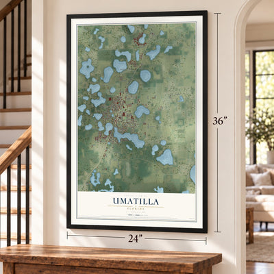 Umatilla, Florida map, 24 x 36 inch print in a black frame by a staircase
