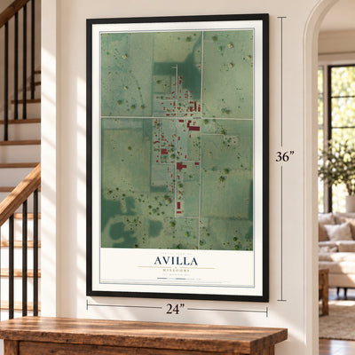 Avilla, Missouri map, 24 x 36 inch print in a black frame by a staircase