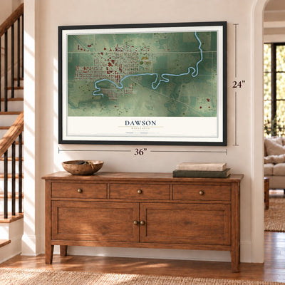 Dawson, Minnesota map, 24 x 36 inch print in a black frame above a dresser by a staircase