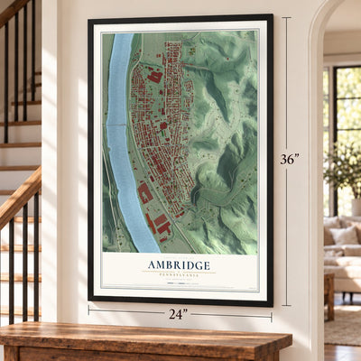 Ambridge, Pennsylvania map, 24 x 36 inch print in a black frame by a staircase