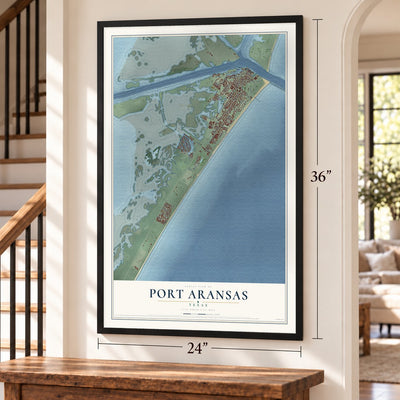 Port Aransas, Texas map, 24 x 36 inch print in a black frame by a staircase