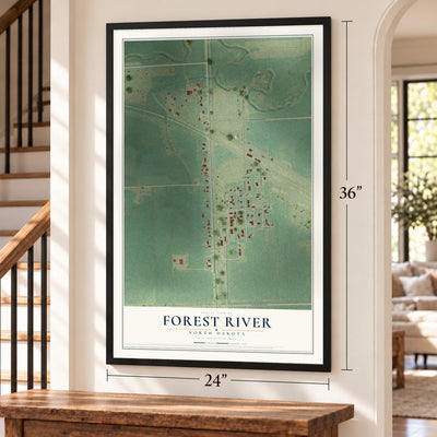Forest River, North Dakota map, 24 x 36 inch print in a black frame by a staircase