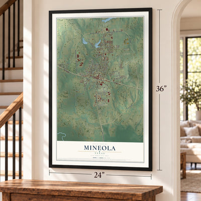 Mineola, Texas map, 24 x 36 inch print in a black frame by a staircase