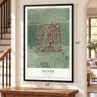 Oliver, Maryland map, 24 x 36 inch print in a black frame by a staircase
