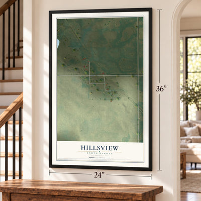 Hillsview, South Dakota map, 24 x 36 inch print in a black frame by a staircase