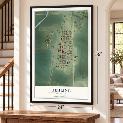 Uehling, Nebraska map, 24 x 36 inch print in a black frame by a staircase
