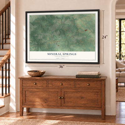 Mineral Springs, North Carolina map, 24 x 36 inch print in a black frame above a dresser by a staircase