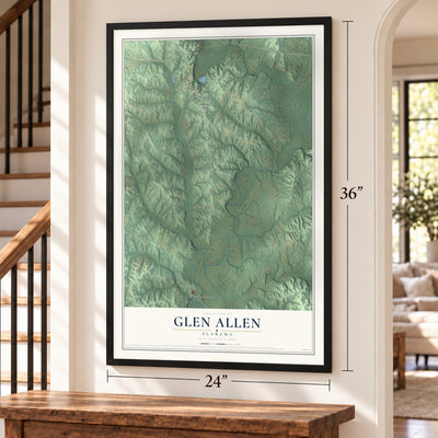 Glen Allen, Alabama map, 24 x 36 inch print in a black frame by a staircase